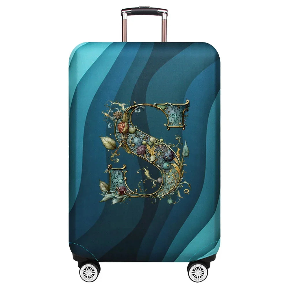 Housse de valise extensible motif lettre S dorée sur fond de vagues bleu turquoise – Valisora