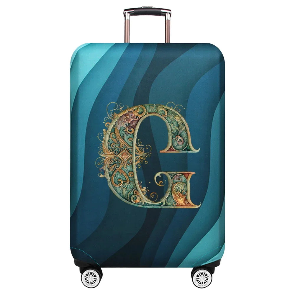 Housse de valise extensible motif lettre G dorée sur fond de vagues bleu turquoise – Valisora