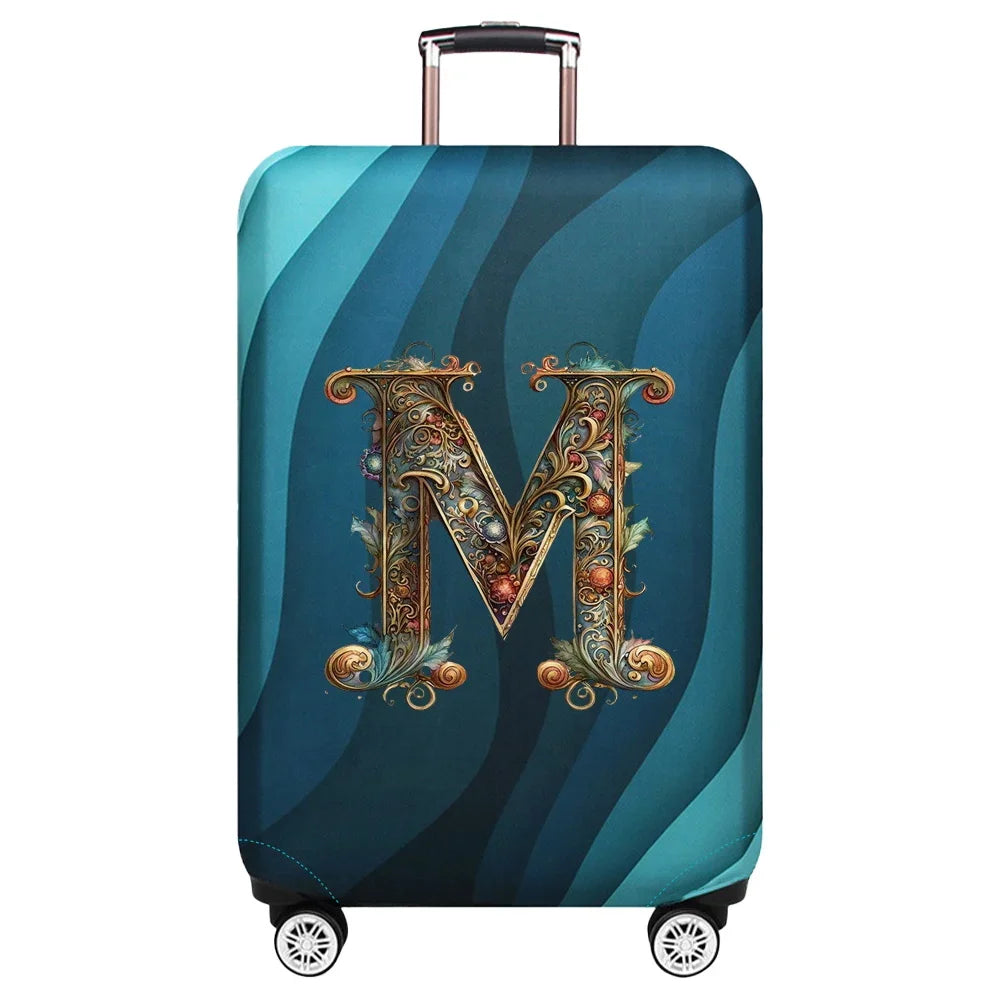 Housse de valise extensible avec motif lettre décorative dorée sur fond de vagues bleu turquoise – Valisora