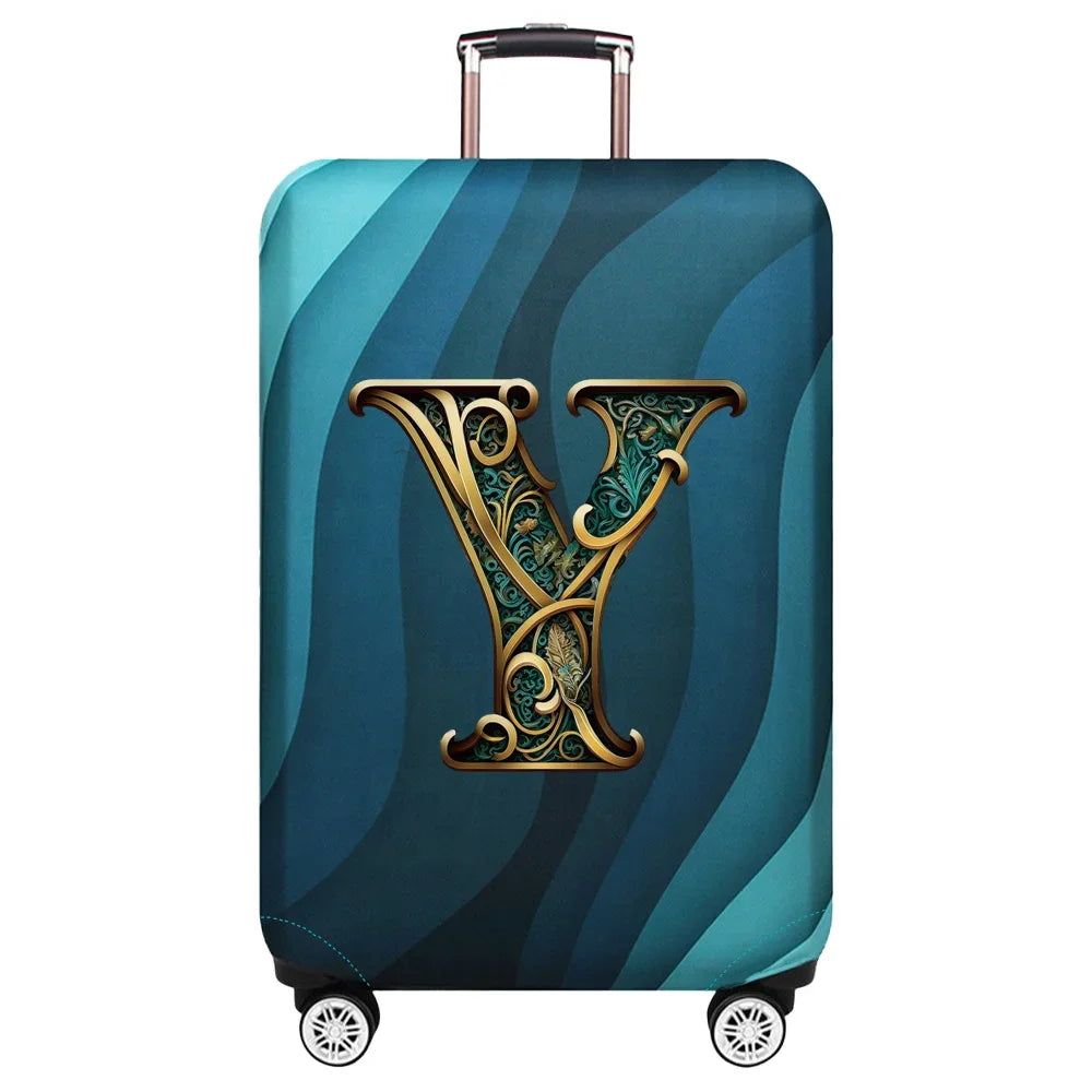 Housse de valise extensible motif lettre Y dorée sur fond de vagues bleu turquoise – Valisora