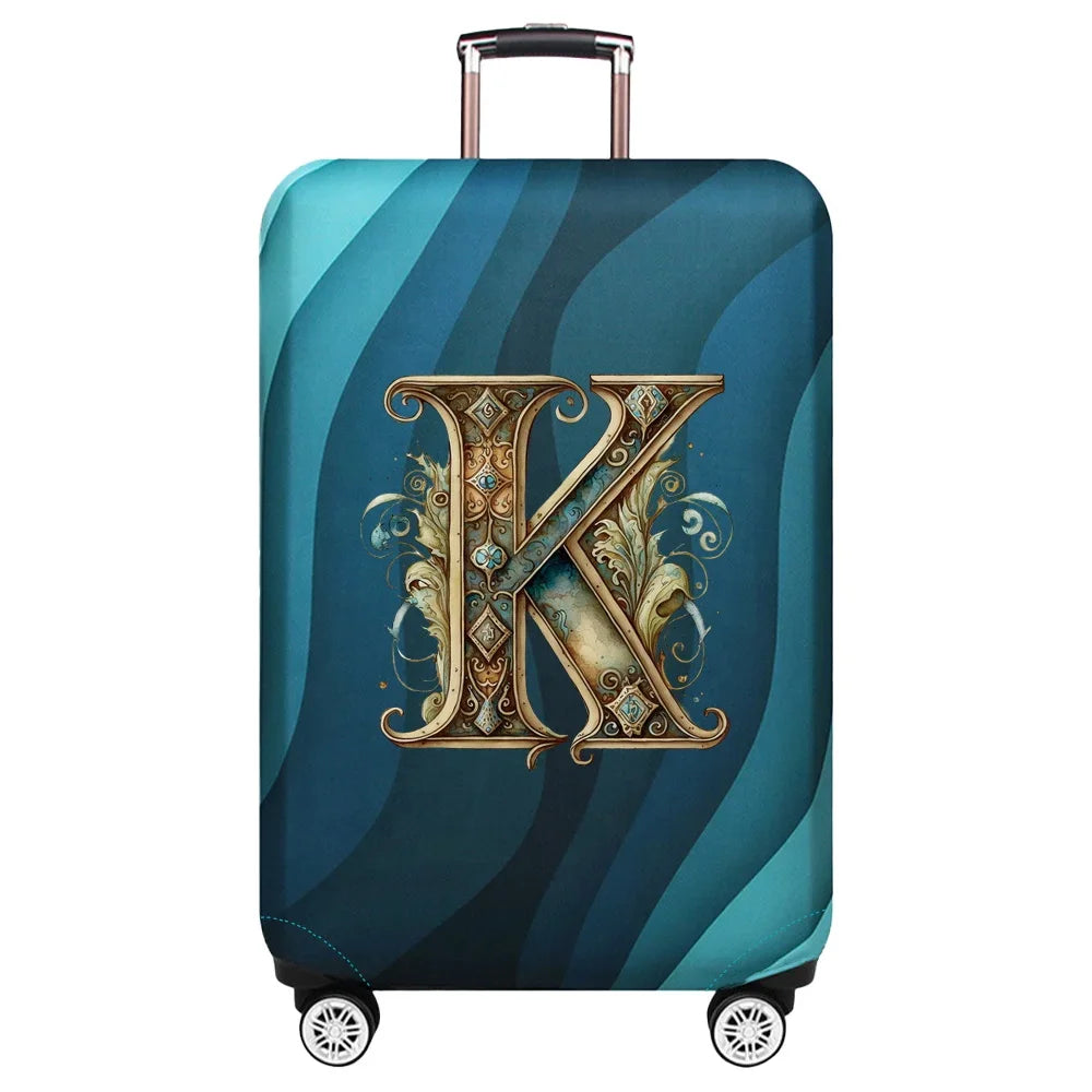 Housse de valise extensible avec motif lettre décorative dorée sur fond de vagues bleu turquoise – Valisora