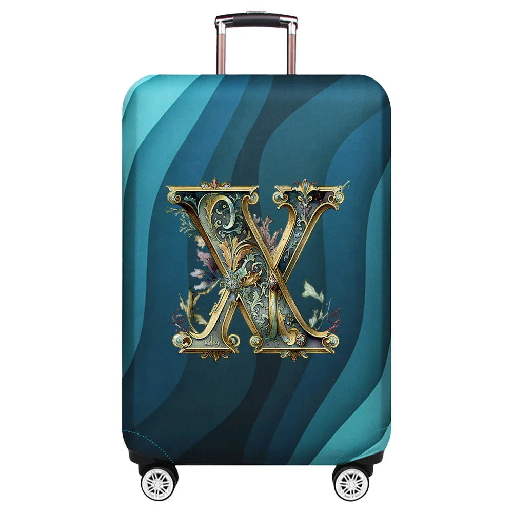 Housse de valise extensible motif lettre X dorée sur fond de vagues bleu turquoise – Valisora