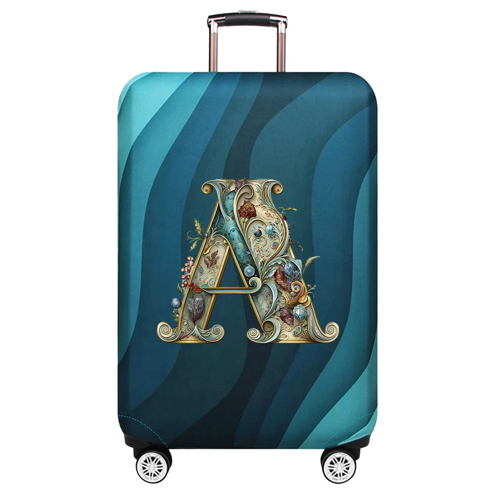 Housse de valise extensible avec motif lettre décorative dorée sur fond de vagues bleu turquoise – Valisora