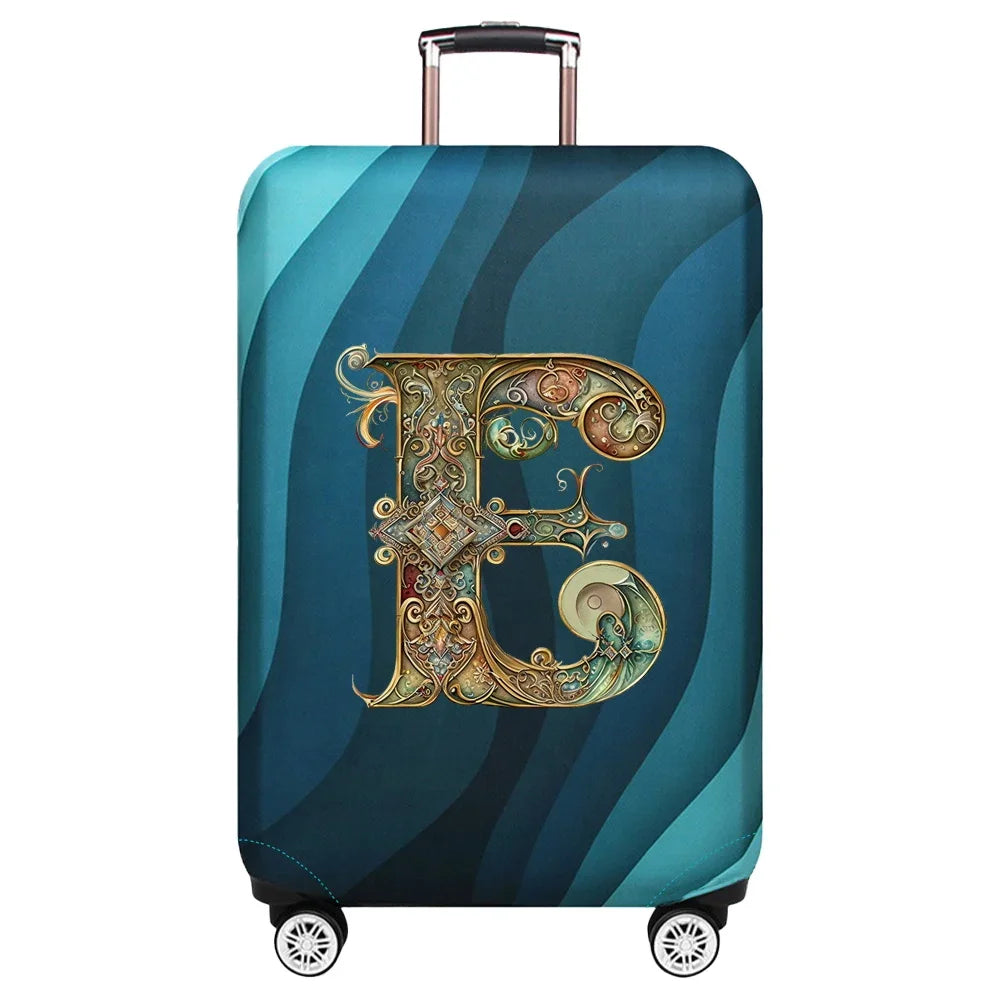 Housse de valise extensible avec motif lettre décorative dorée sur fond de vagues bleu turquoise – Valisora