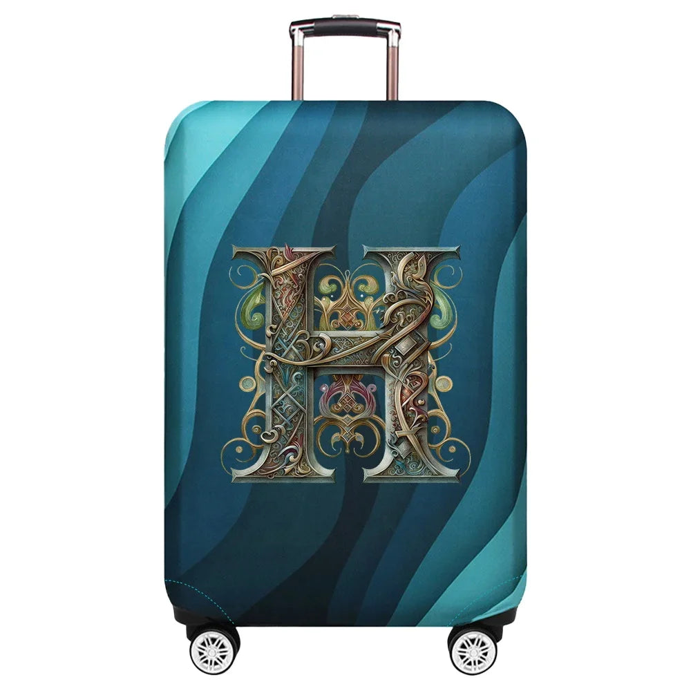 Housse de valise extensible avec motif lettre décorative dorée sur fond de vagues bleu turquoise – Valisora