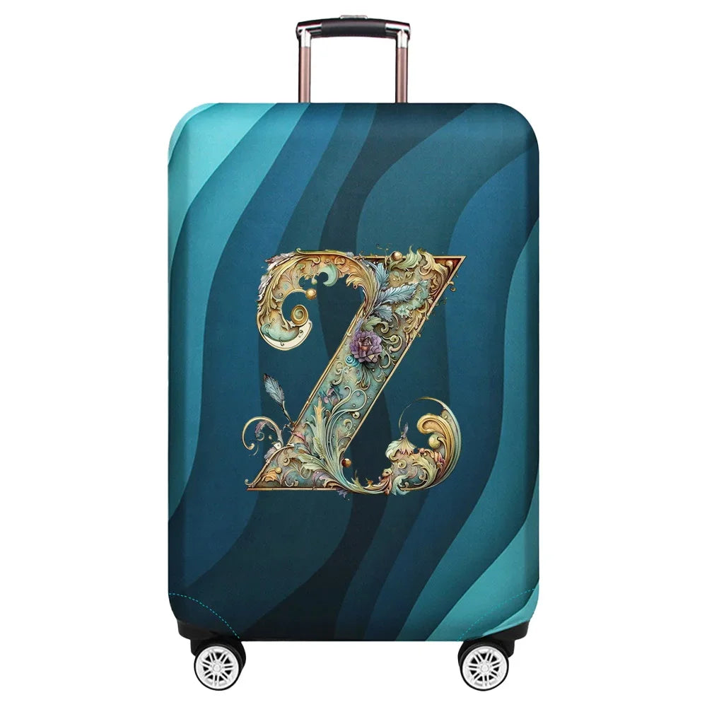 Housse de valise extensible avec motif lettre décorative dorée sur fond de vagues bleu turquoise – Valisora