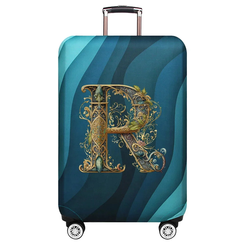 Housse de valise extensible motif lettre R dorée sur fond de vagues bleu turquoise – Valisora