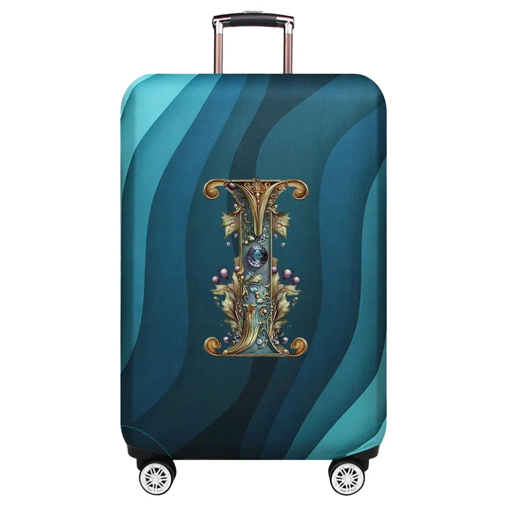 Housse de valise extensible avec motif lettre décorative dorée sur fond de vagues bleu turquoise – Valisora