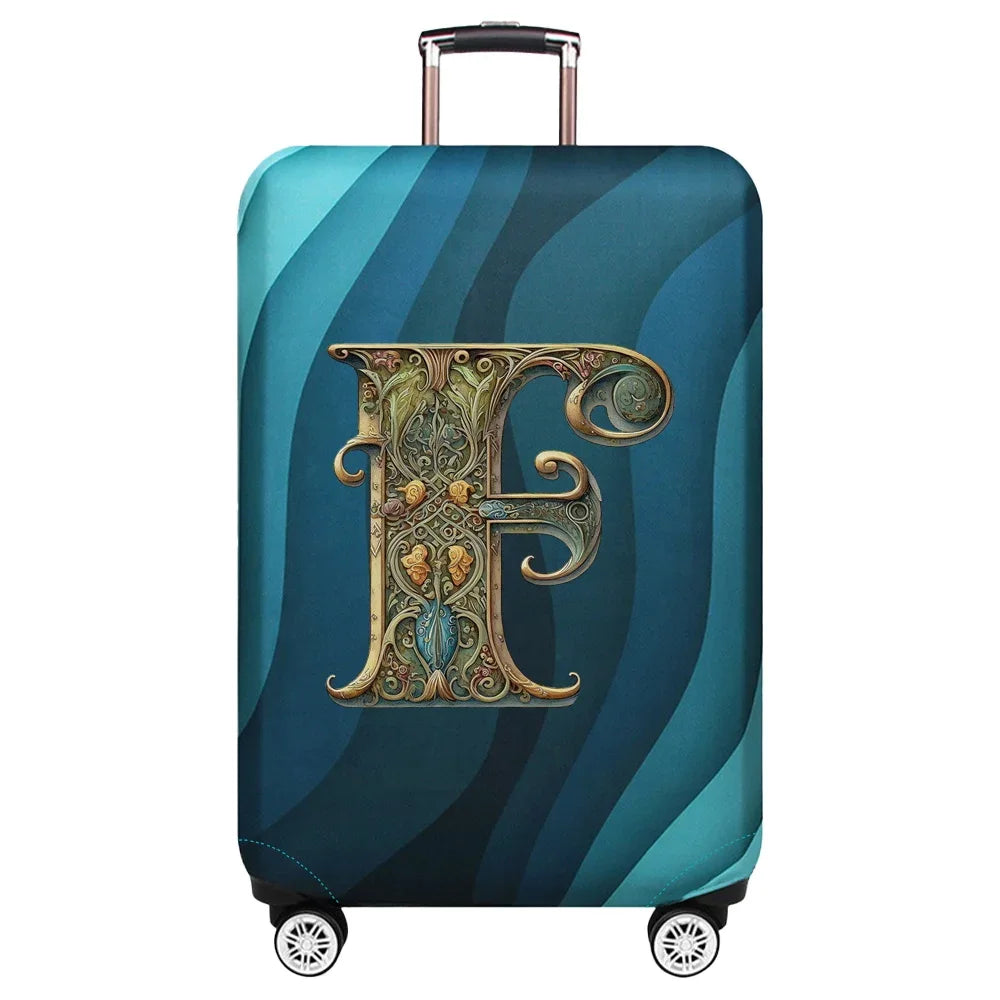 Housse de valise extensible avec motif lettre décorative dorée sur fond de vagues bleu turquoise – Valisora