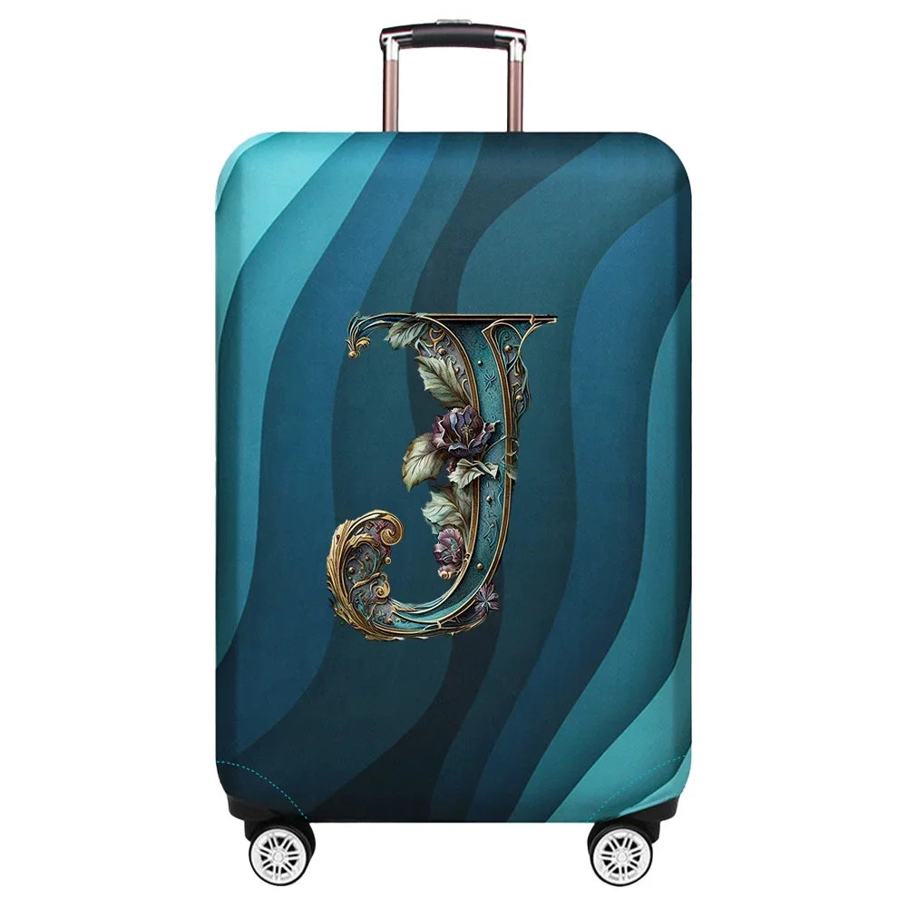 Housse de valise extensible avec motif lettre décorative dorée sur fond de vagues bleu turquoise – Valisora