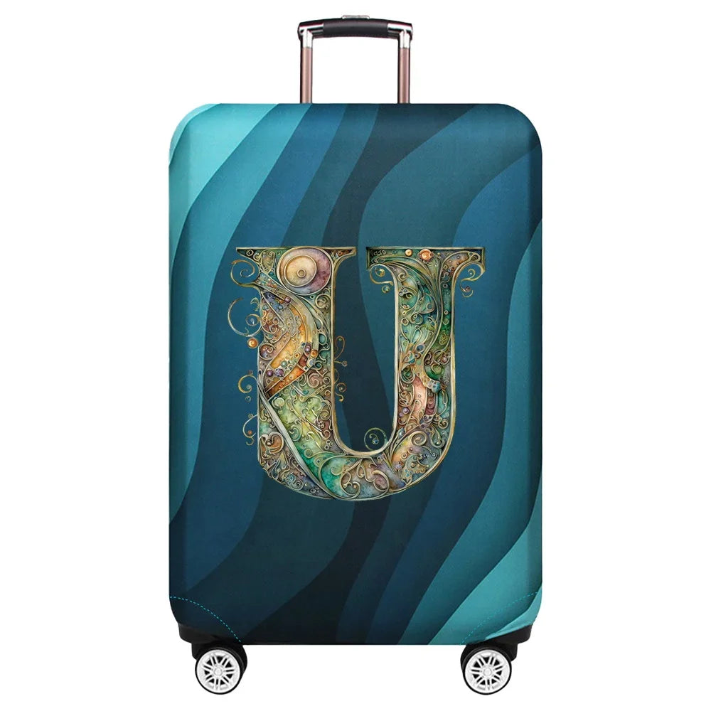 Housse de valise extensible avec motif lettre décorative dorée sur fond de vagues bleu turquoise – Valisora