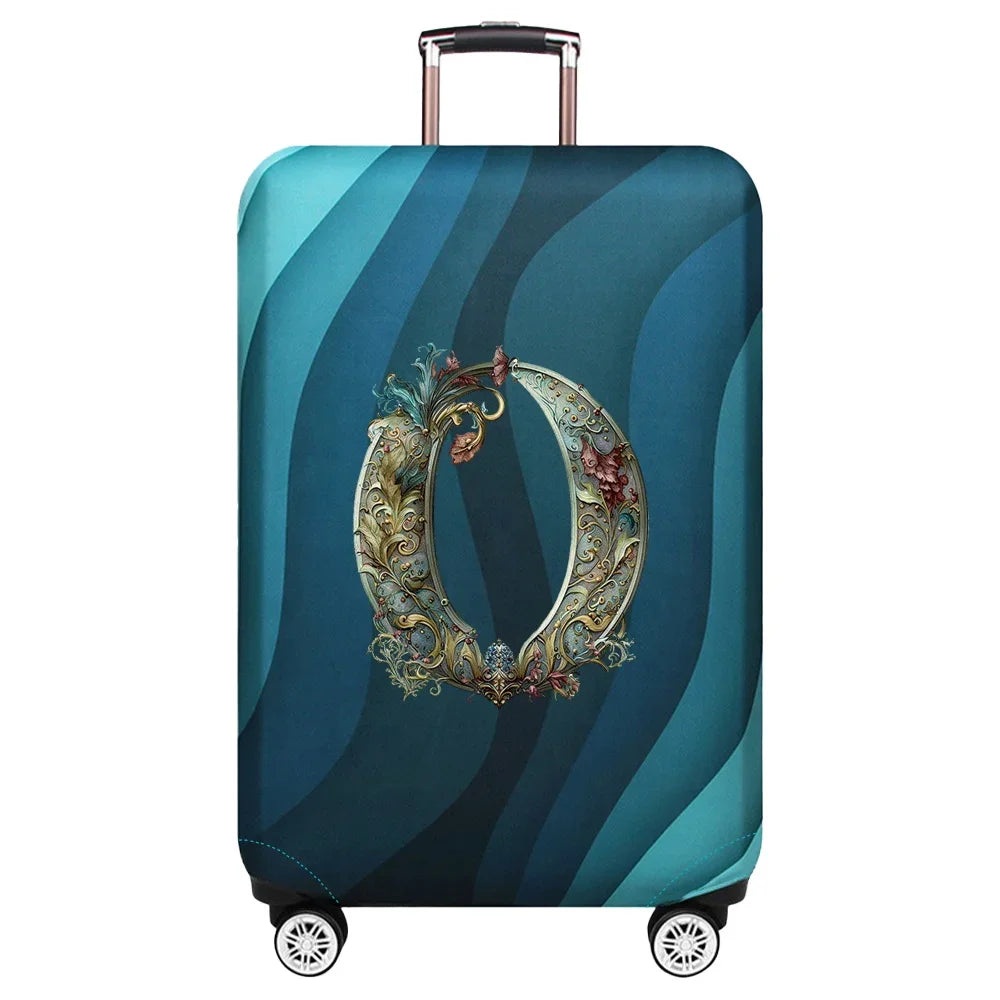 Housse de valise extensible avec motif lettre décorative dorée sur fond de vagues bleu turquoise – Valisora