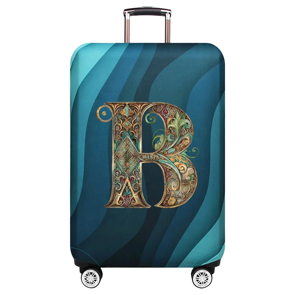 Housse de valise extensible avec motif lettre décorative dorée sur fond de vagues bleu turquoise – Valisora