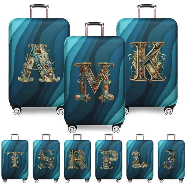 Housses de valise extensibles à motifs lettres décoratives dorées sur fond de vagues bleu turquoise – Valisora