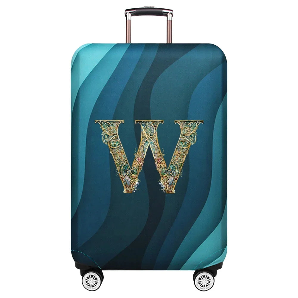 Housse de valise extensible avec motif lettre décorative dorée sur fond de vagues bleu turquoise – Valisora