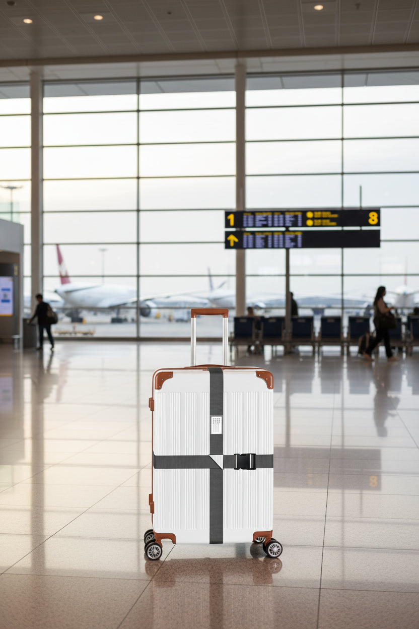 Sangle de bagage croisée grise avec boucle simple sur une valise - Valisora
