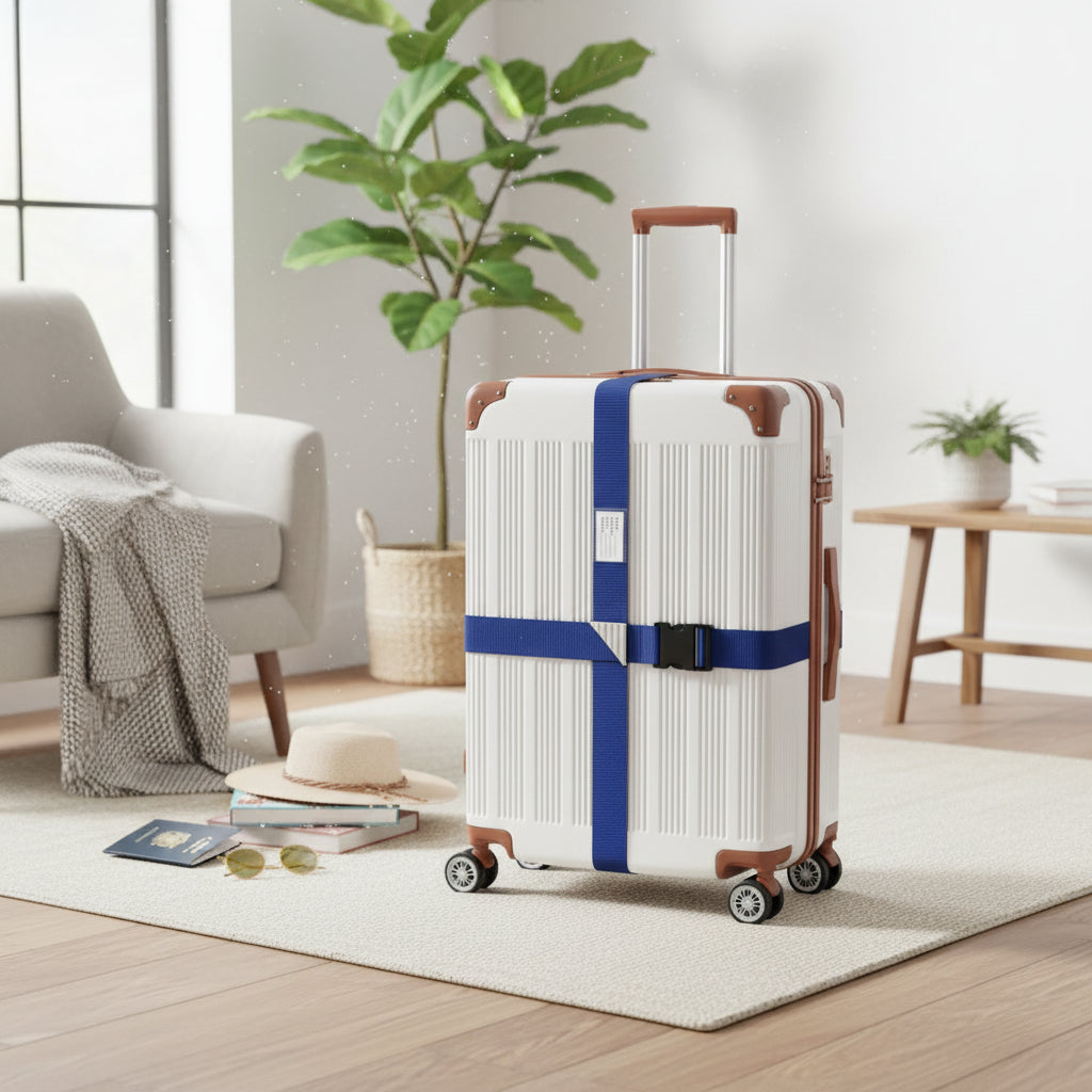 Sangle de bagage croisée bleu roi avec boucle simple sur une valise - Valisora