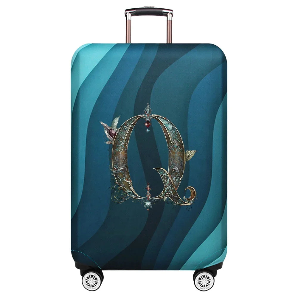 Housse de valise extensible avec motif lettre décorative dorée sur fond de vagues bleu turquoise – Valisora