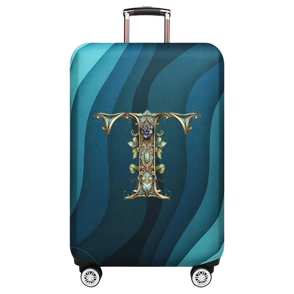 Housse de valise extensible avec motif lettre décorative dorée sur fond de vagues bleu turquoise – Valisora