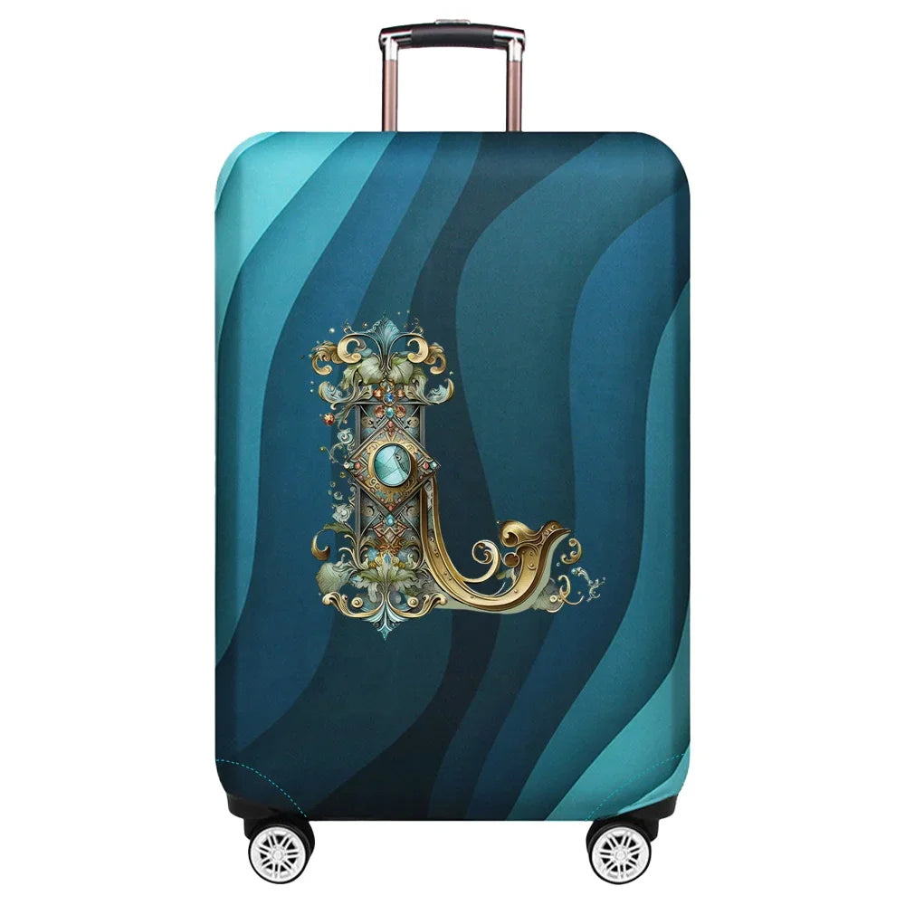 Housse de valise extensible avec motif lettre décorative dorée sur fond de vagues bleu turquoise – Valisora