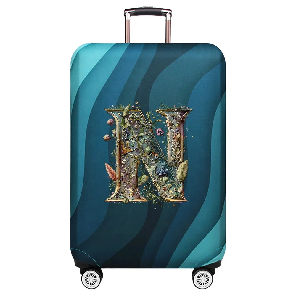 Housse de valise extensible avec motif lettre décorative dorée sur fond de vagues bleu turquoise – Valisora
