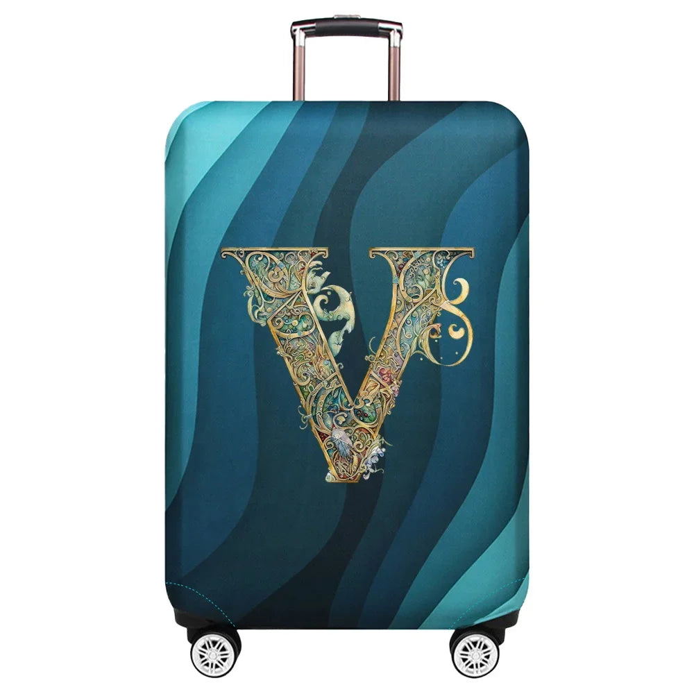 Housse de valise extensible avec motif lettre décorative dorée sur fond de vagues bleu turquoise – Valisora