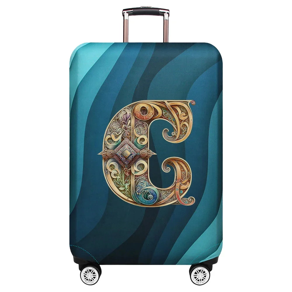 Housse de valise extensible avec motif lettre décorative dorée sur fond de vagues bleu turquoise – Valisora