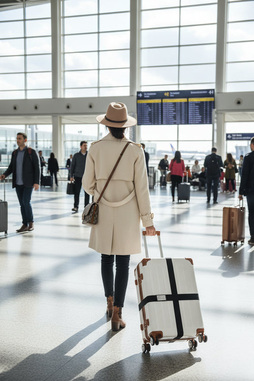 Sangle de bagage croisée noire avec boucle simple sur une valise - Valisora